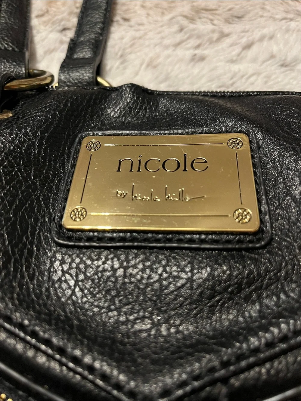 Nicole Miller Black Leather Shoulder Bag with Gold Plaque